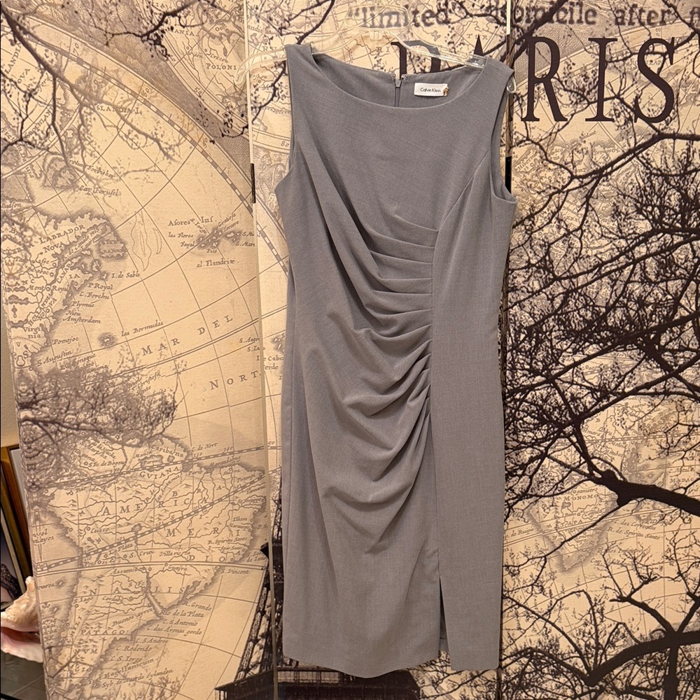 Calvin Klein Cocktail Gray Dress with ruching in front. Quality lining & zipper